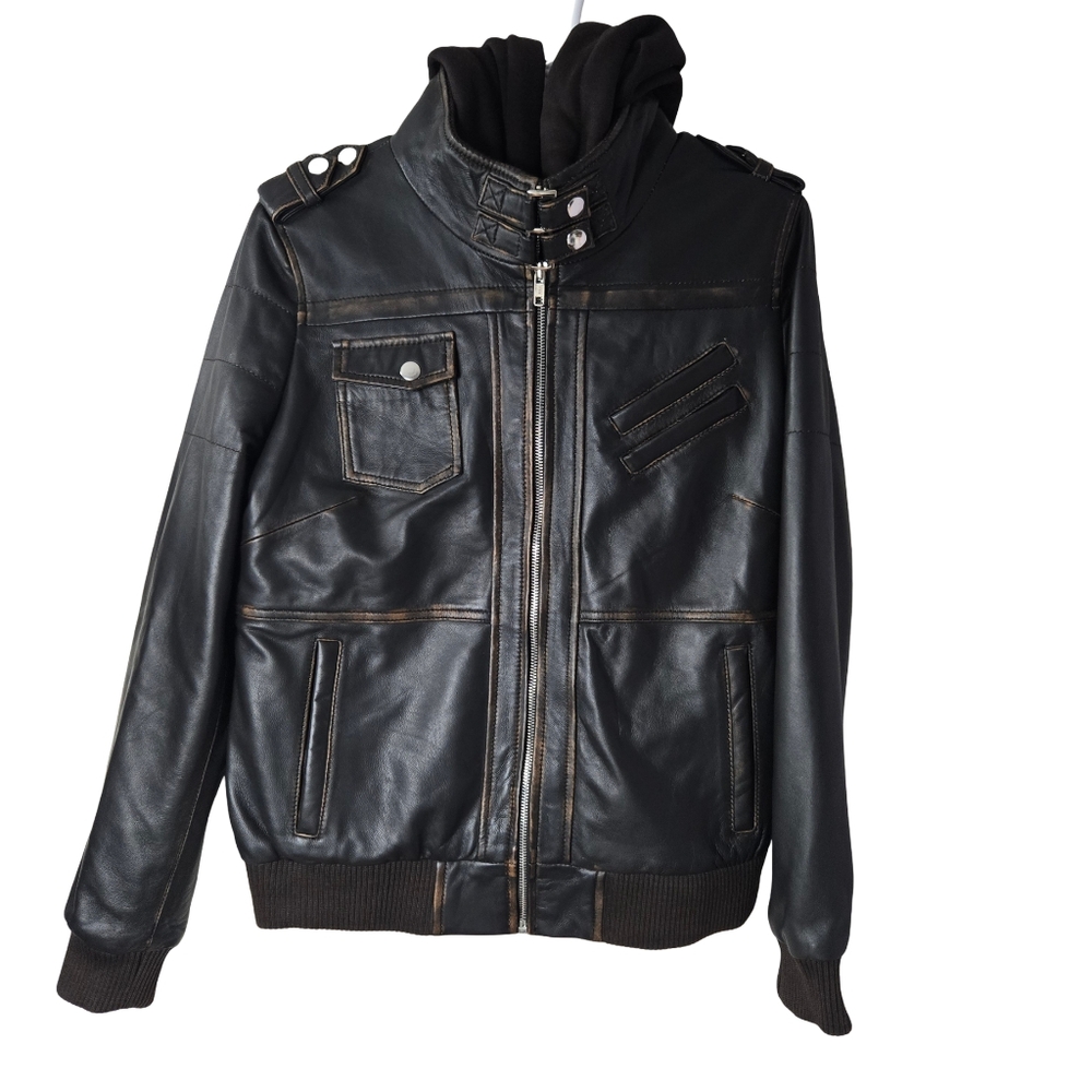 Real Leather Edinburgh Brown Bomber Jacket Detachable Hood Women Large